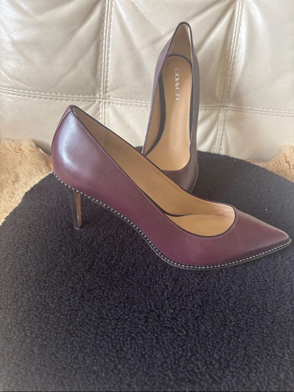 Coach Burgundy Leather Pointed-Toe Stud Trim Pumps - Picture 8 of 8